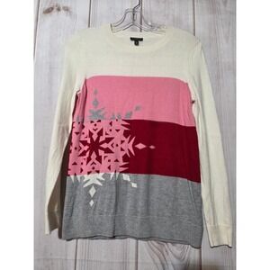Talbots Petites Snowflake Striped Sweater Cream Pink Red‎ Gray Long Sleeve Women